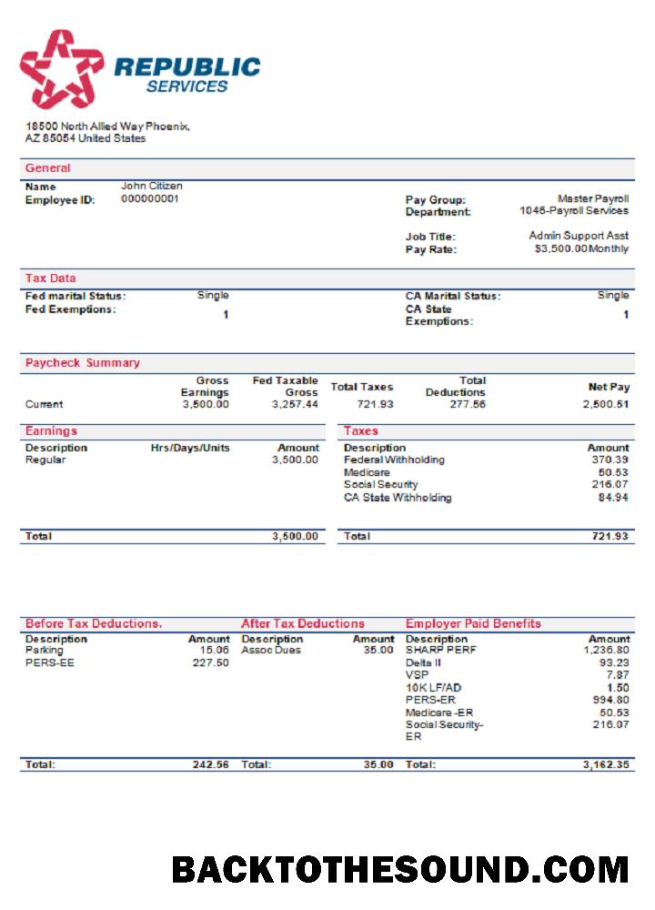 İndir ABD Republic Services waste management Şirket pay stub Örnek taslak