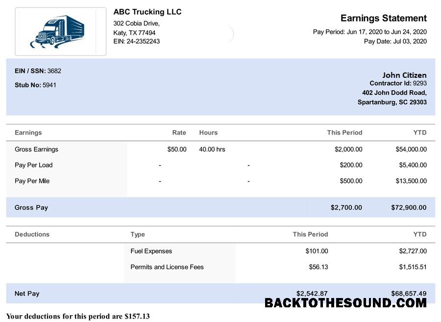 İndir ABD South Carolina TRUCKING LLC paystub in Word and PDF Formatlar Örnek tasarım