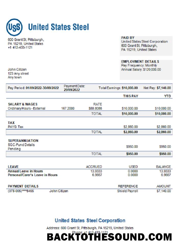 İndir ABD Amerika Birleşik Devletleri Steel Corporation steel production Şirket pay stub Örnek tasarım