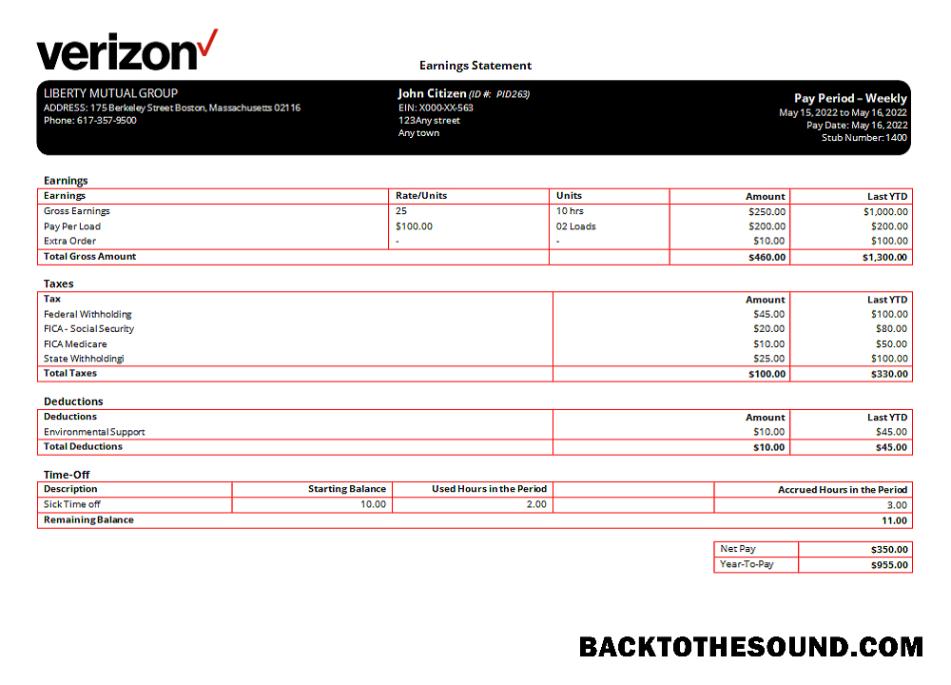 İndir ABD Verizon telecommunication Şirket pay stub Örnek örnek