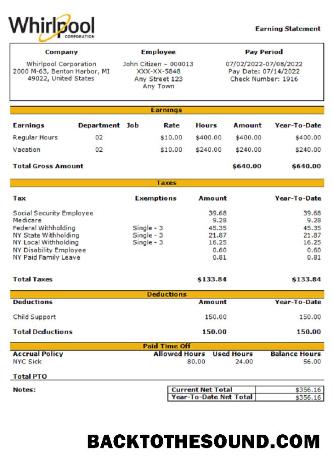 İndir ABD Whirlpool Corporation ticari Şirket pay stub Örnek taslak