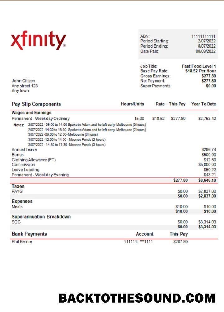 İndir ABD Xfinity broadasting Şirket pay stub Örnek ön izleme