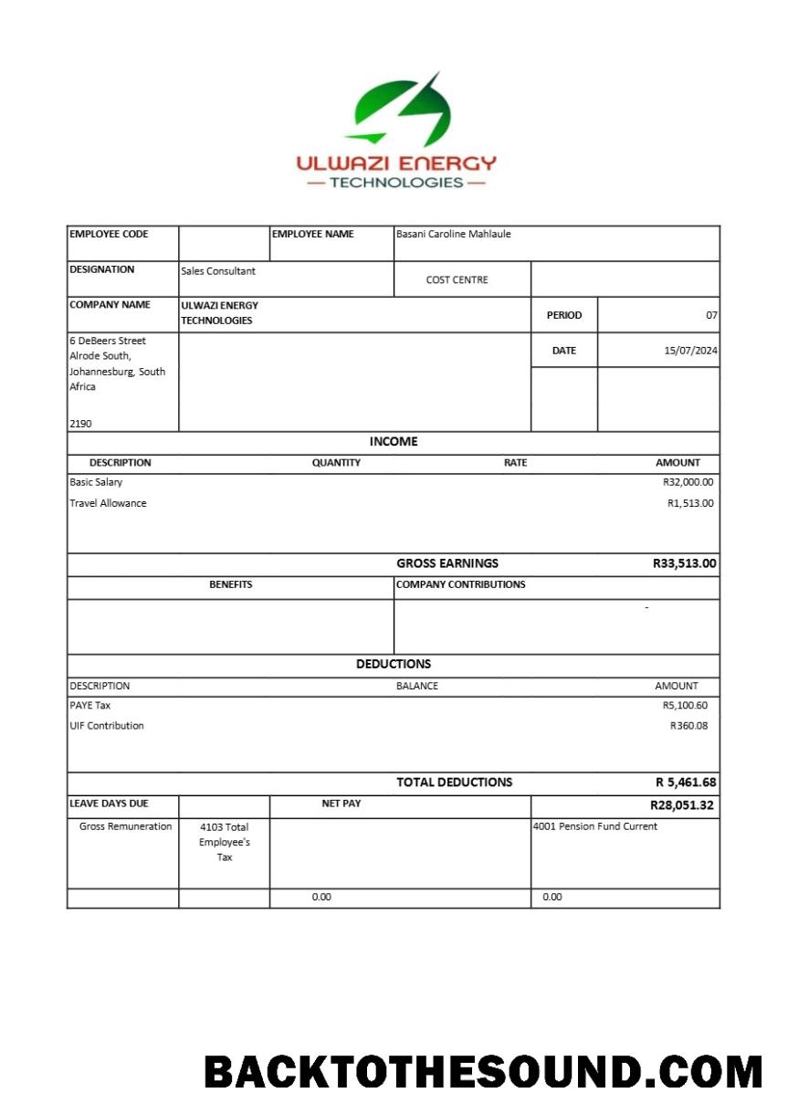 İndir Ulwazi Energy Technologies payslip in Word and PDF Formatlar.PDF, 1 Örnek şablon