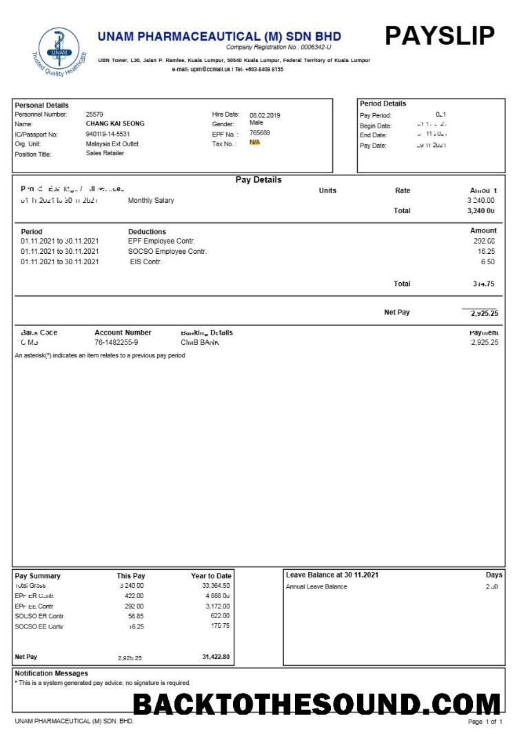 İndir Unam Pharmaceautical (M) Sdn Bhd payslip in Word and PDF Formatlar.PDF, 1 Örnek şablon