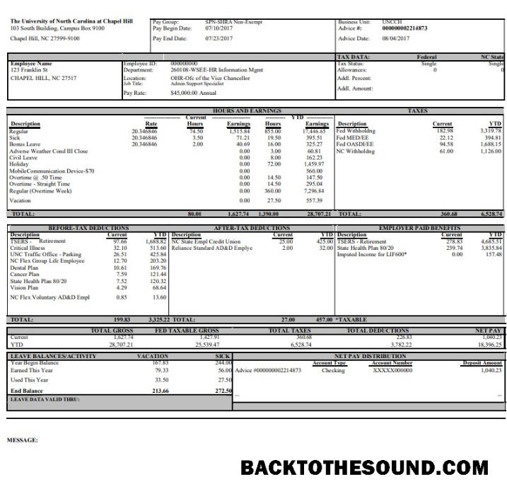 İndir üniversite of North Carolina pay stub Word and PDF Örnek şablon