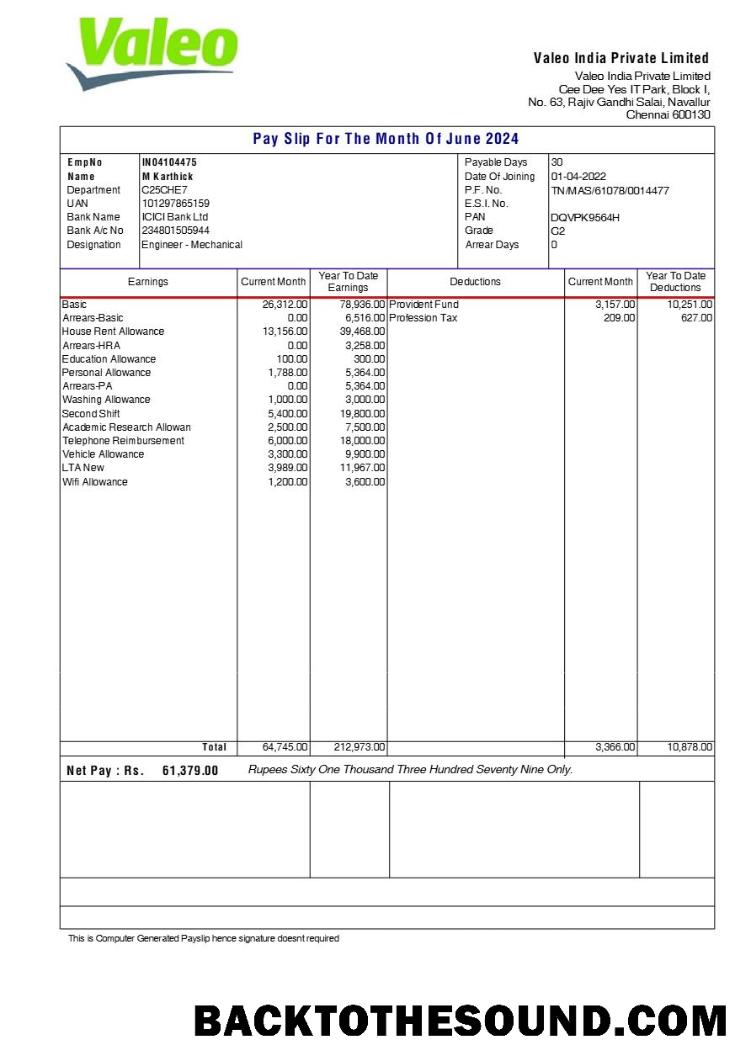İndir Valeo Hindistan payslip in Word and PDF Formatlar.PDF, 1 Örnek şablon
