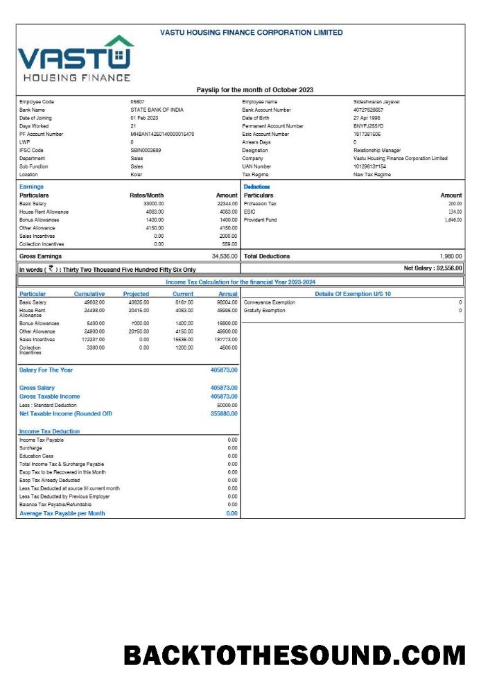 İndir Vastu Housing Finans Corporation payslip in Word and PDF Formatlar.PDF, 1 Örnek ön izleme