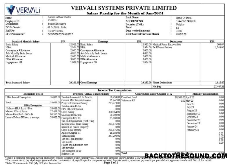 İndir Vervali Systems Yazılım Şirket payslip in Word and PDF Formatlar.PDF, 1 Örnek örnek