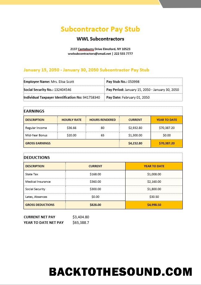 İndir WWL Subcontractors pay stub in PDF and Word Formatlar Örnek tasarım