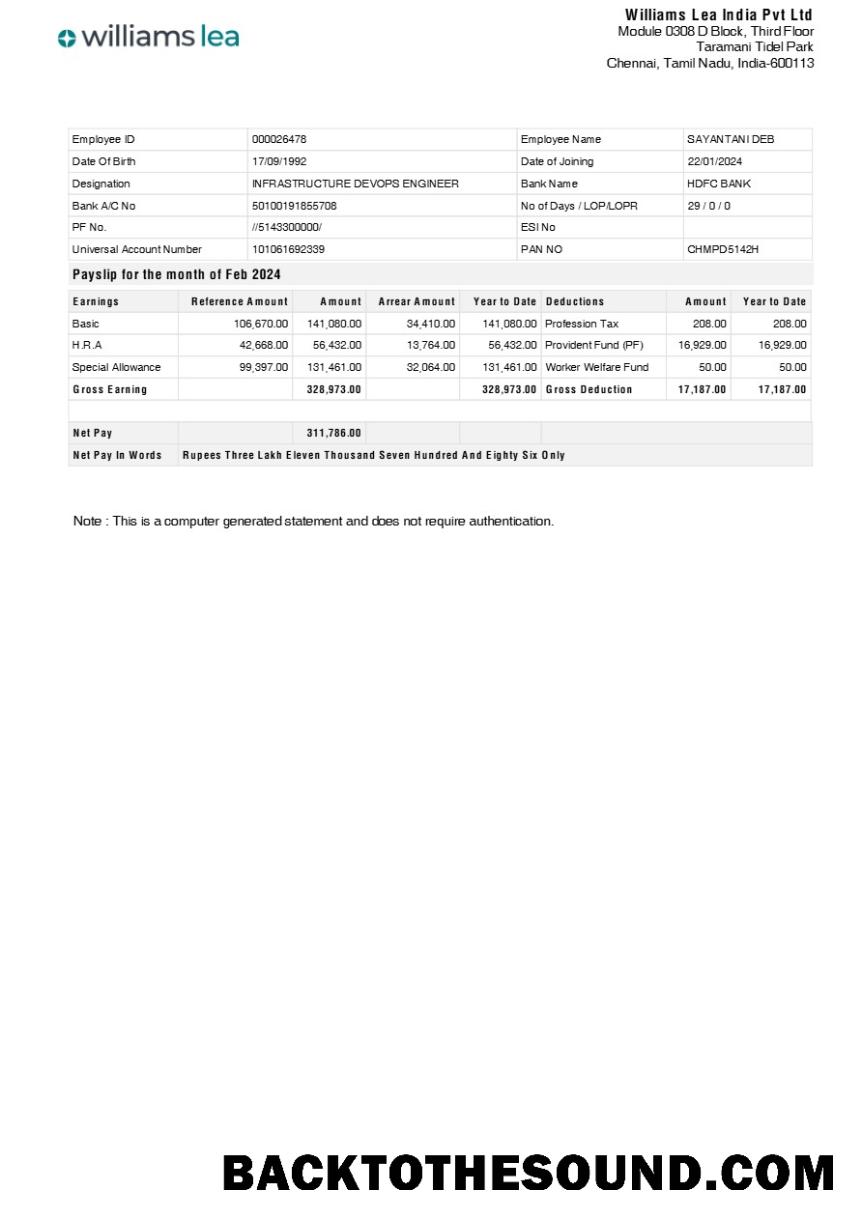 İndir Williams Lea Hindistan corporate office payslip in Word and PDF Formatlar.PDF, 1 Örnek şablon