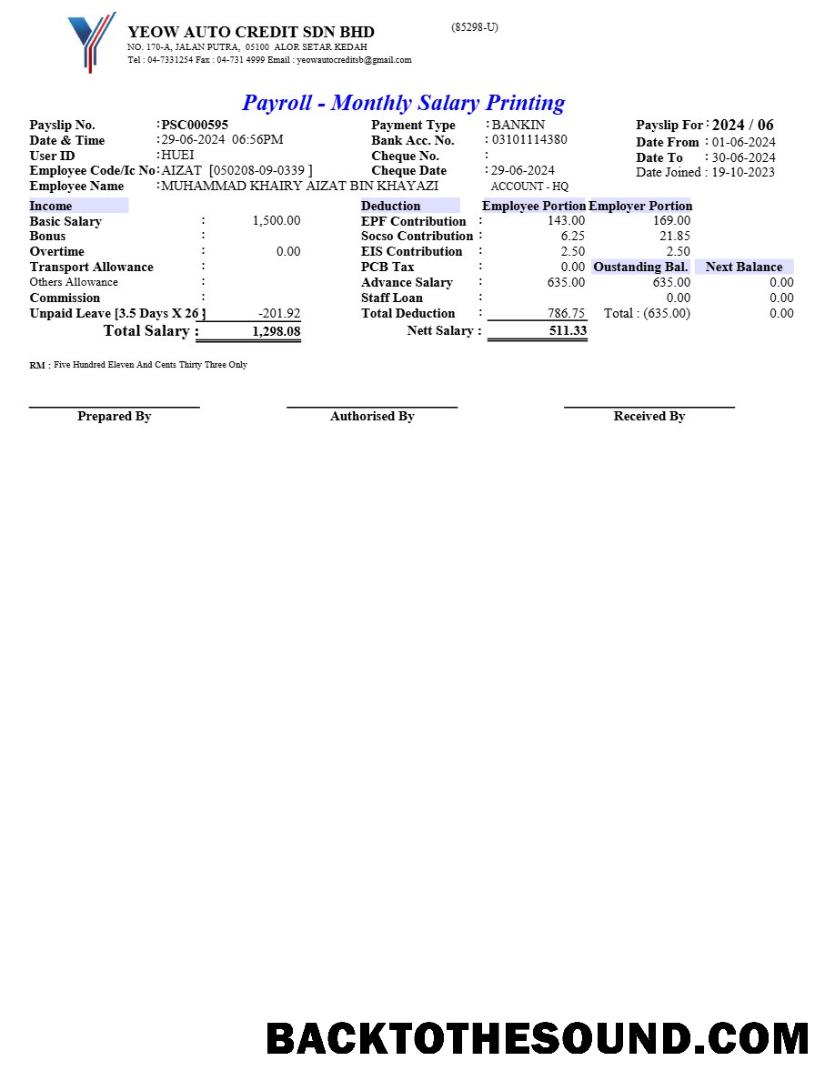 İndir Yeow Auto Kredi payroll in Word and PDF Formatlar.PDF, 1 Örnek taslak