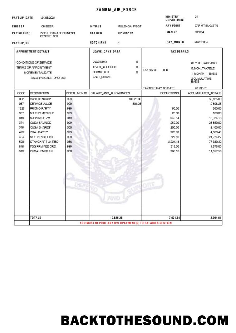 İndir Zambian Air Force payslip in Word and PDF Formatlar.PDF, 1 Örnek tasarım