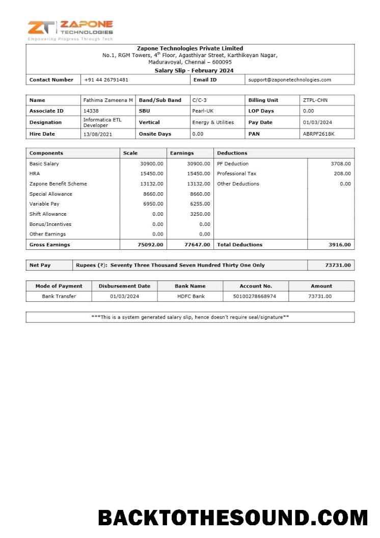 İndir Zapone Technologies payslip in Word and PDF Formatlar.PDF, 1 Örnek şablon
