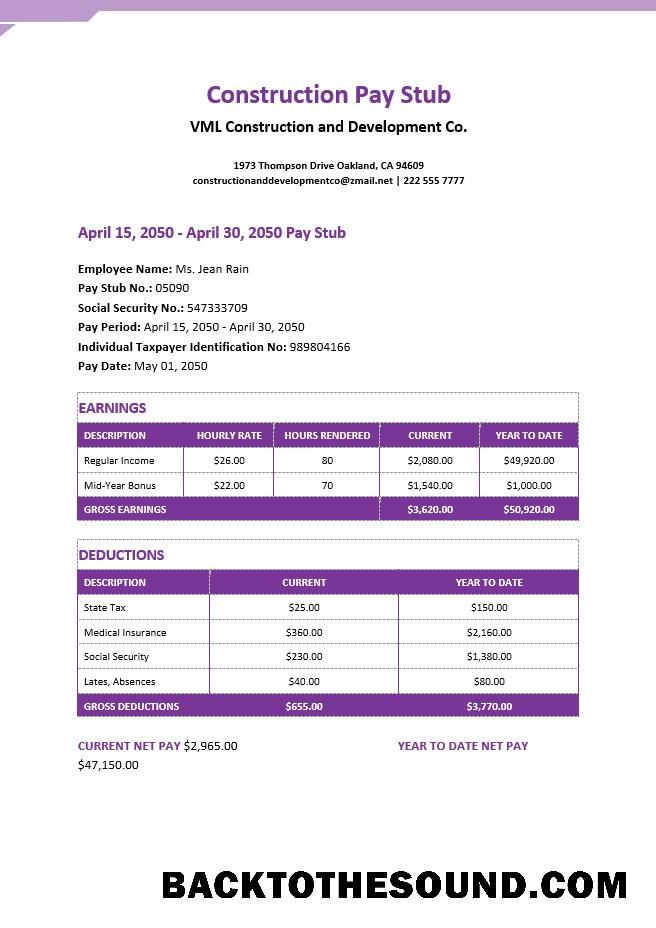 İndir inşaat pay stub Word and PDF Örnek ön izleme