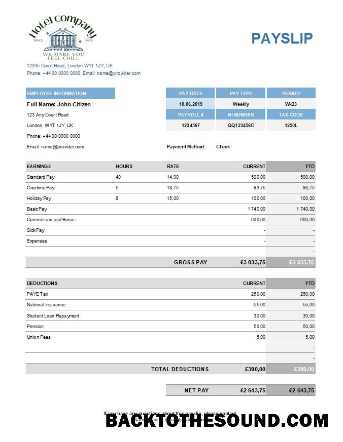 İndir hotel Şirket payroll in Excel and PDF Formatlar Örnek tasarım