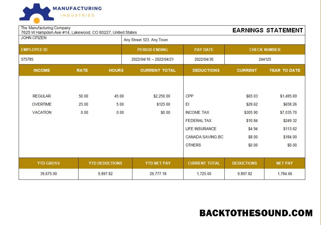 İndir manufacturing Şirket payslip in Word and PDF Formatlar Örnek taslak