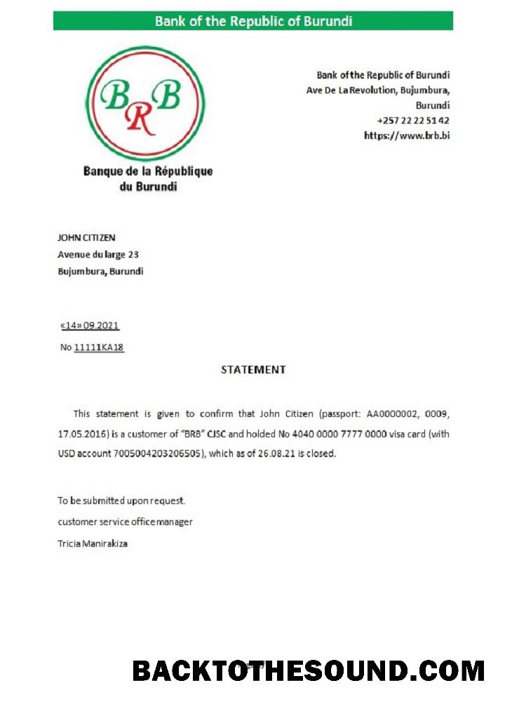 İndir Burundi The republic Banka of Burundi closure Referans Örnek taslak