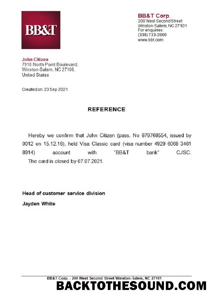 İndir ABD BB&T closure Referans Örnek şablon