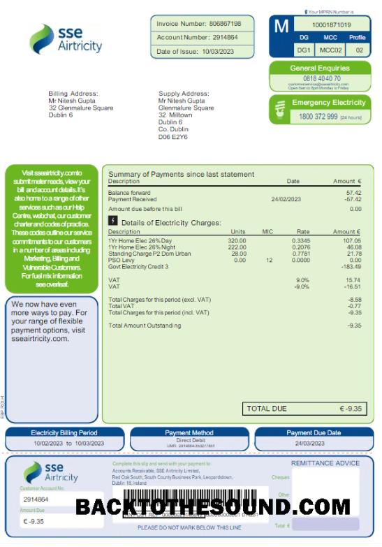 İndir Avustralya SSE AIRTRICITY Fatura Fatura Word and PDF Örnek örnek