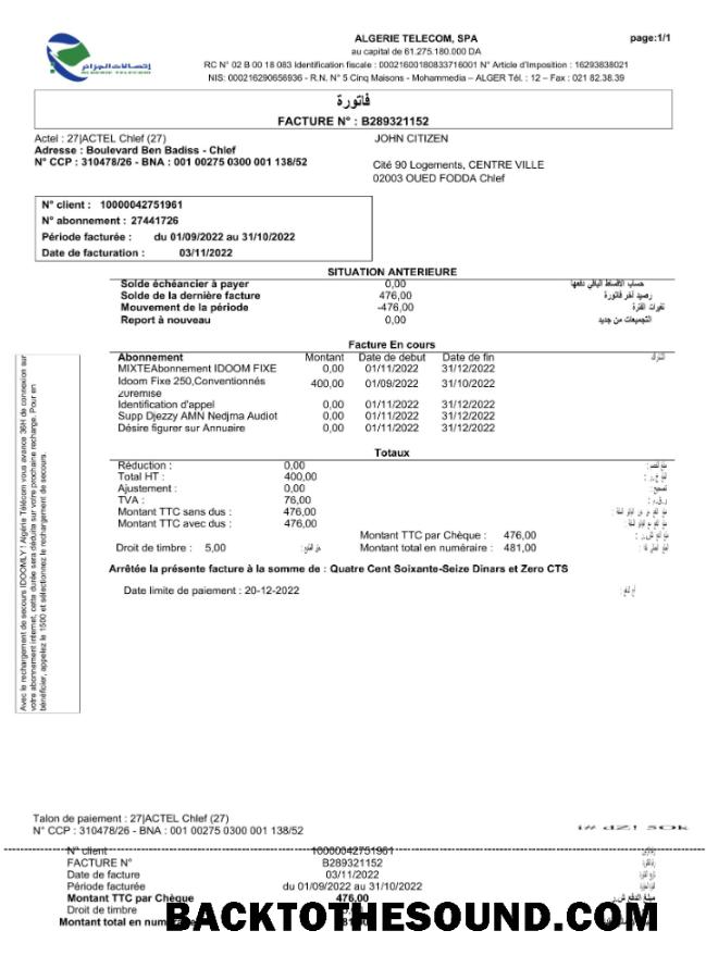 İndir Cezayir Algerie Telecom Fatura Fatura Word and PDF Örnek ön izleme