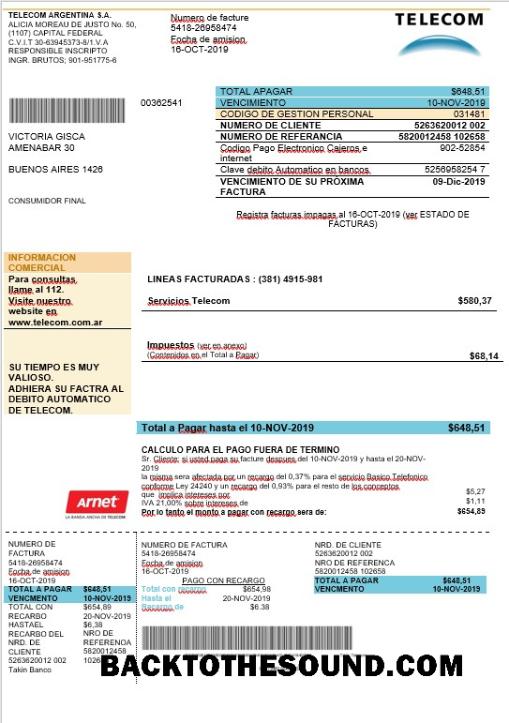 İndir Arjantin telecom Fatura Örnek şablon