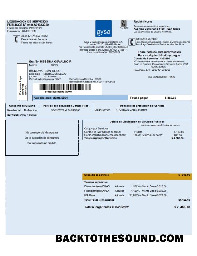 İndir Arjantin Su Fatura Fatura Aysa in Word and PDF Format (.doc and .PDF) Örnek örnek