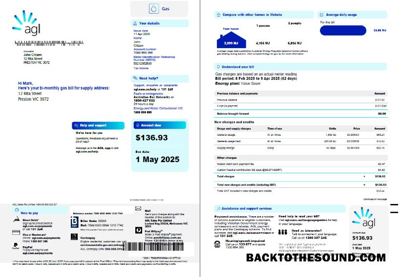 İndir Avustralya AGL Gaz Fatura Fatura in Word and PDF Formatlar, 3 pages, 1 2 Sayfa Örnek örnek