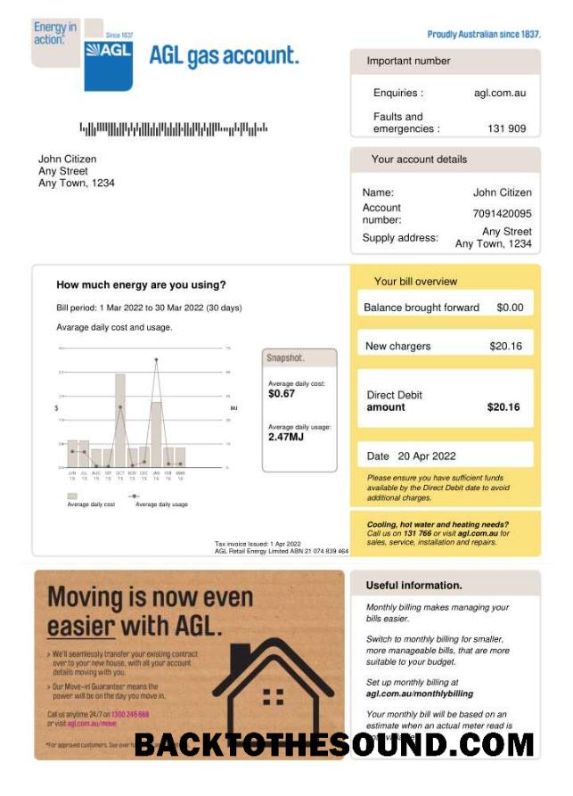 Premium İndir Avustralya AGL Gaz Fatura Fatura Word and PDF Şablon, Sürüm 2 Örnek