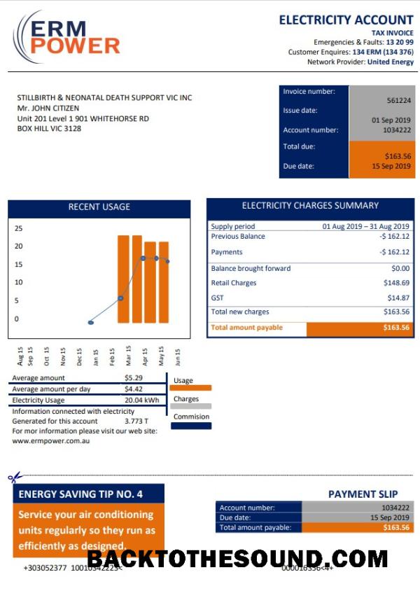 İndir Avustralya ERM Power Elektrik proof of address Fatura Fatura Örnek ön izleme