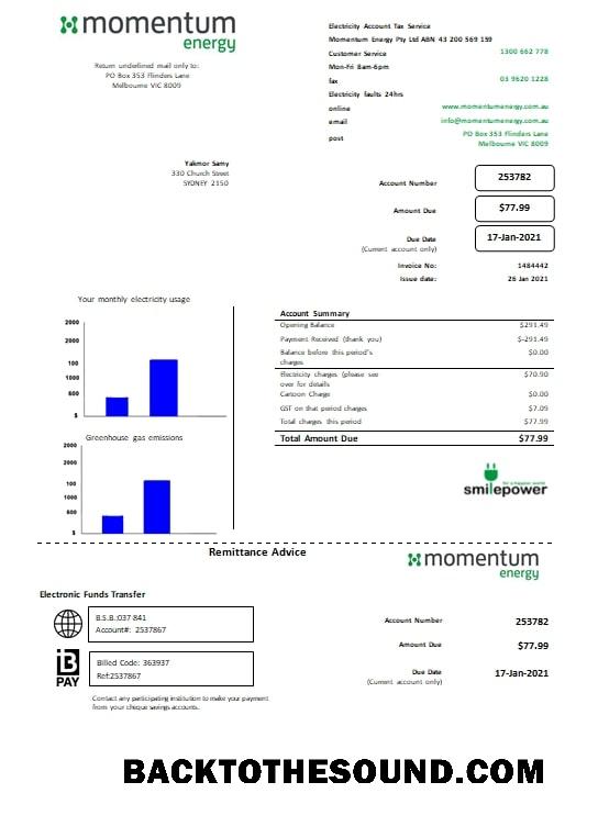 İndir Avustralya Momentum Energy Fatura Fatura Örnek tasarım