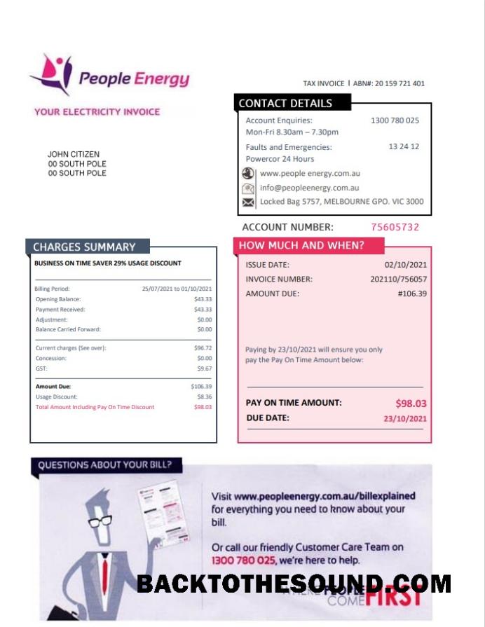 İndir Avustralya People Energy Elektrik Fatura Fatura Örnek şablon