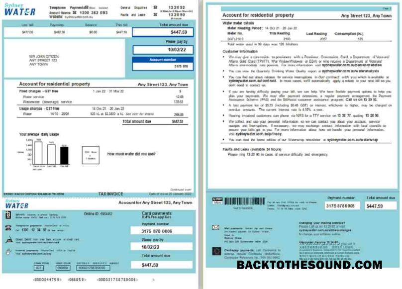 Düzenlenebilir İndir Avustralya Sydney Su Fatura Fatura, Word and PDF Şablon, 2 pages Örnek