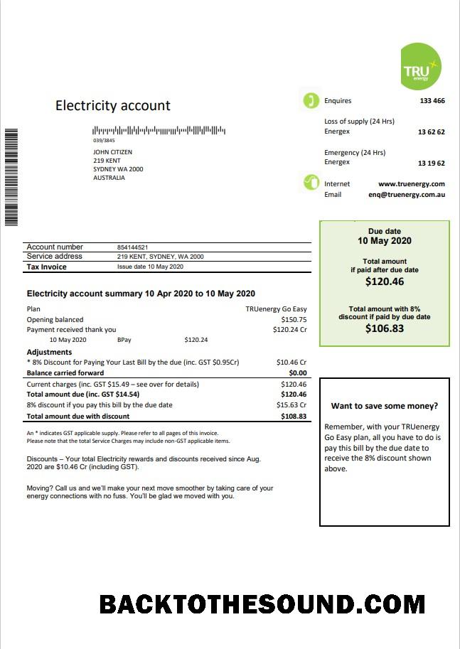 İndir Avustralya Tru Energy Elektrik Fatura Fatura in Word and PDF Format Örnek tasarım