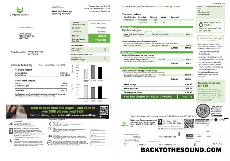 İndir Avustralya Urban Utilities .doc and .PDF Fatura Fatura Örnek ön izleme