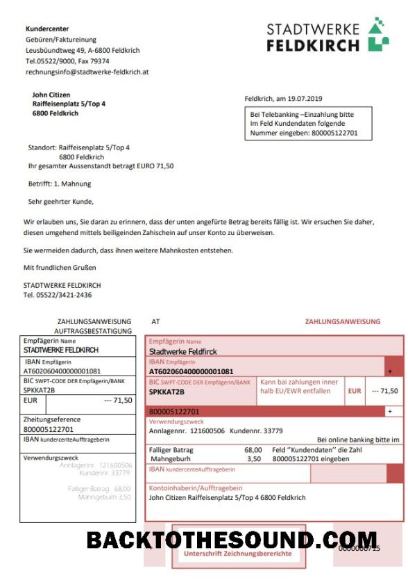 İndir Avusturya Stadtwerke Feldkirch Fatura Fatura Örnek tasarım