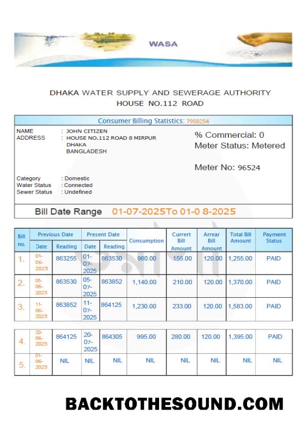 İndir Bangladeş Dhaka Su Supply and Sewerage Authority Fatura Fatura in Word and PDF Formatlar Örnek şablon