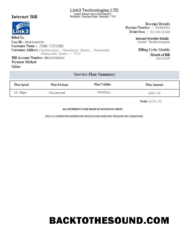 İndir Bangladeş Link3 Technologies LTD utlity Fatura in Word and PDF Formatlar Örnek örnek