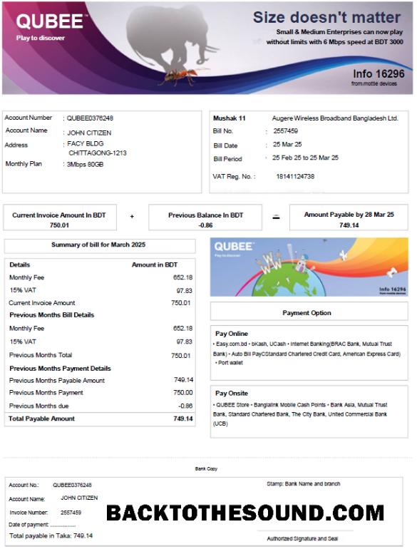 İndir Bangladeş Qubee Fatura Fatura in Word and PDF Formatlar Örnek taslak