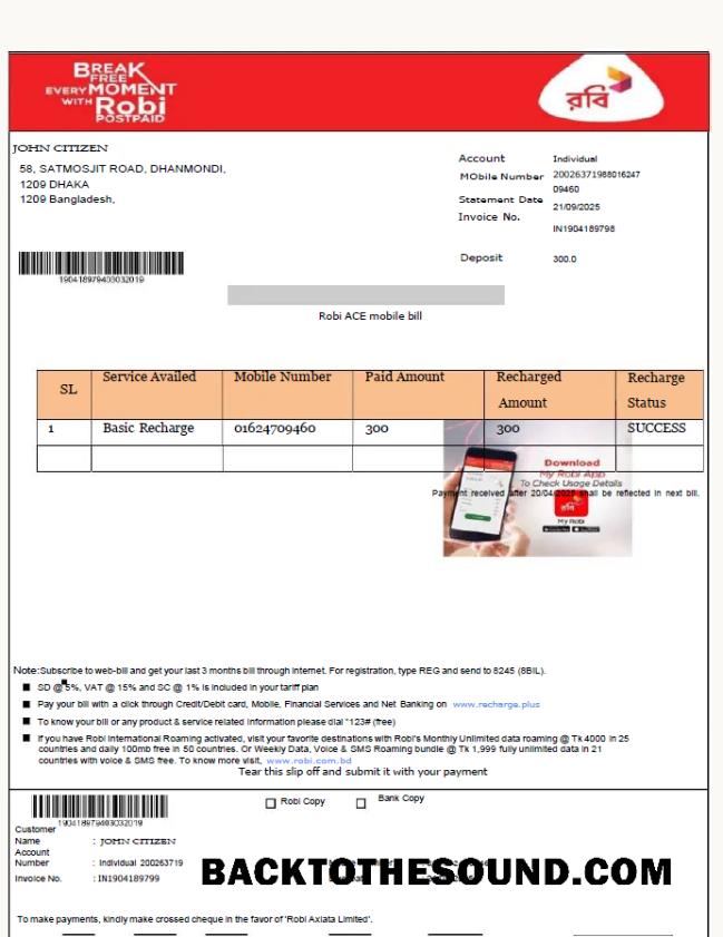 İndir Bangladeş Robi Axiata Limited Fatura Fatura in Word and PDF Formatlar Örnek ön izleme