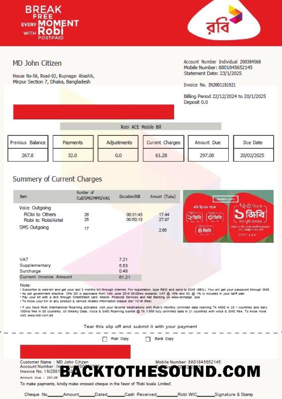 İndir Bangladeş Robi Axiata Limited Fatura Fatura in Word and PDF Formatlar, Sürüm 2 Örnek tasarım