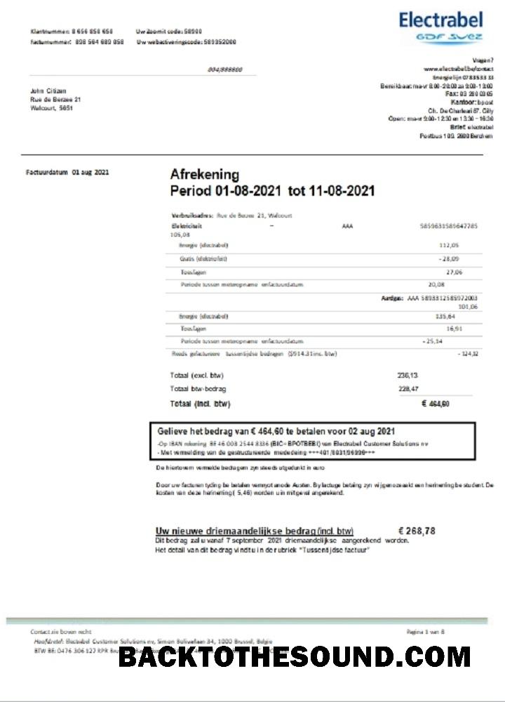 Gerçekçi İndir Belçika Electrabel Elektrik Fatura Fatura Şablon, fully Düzenlenebilir in Word and PDF Format Örnek