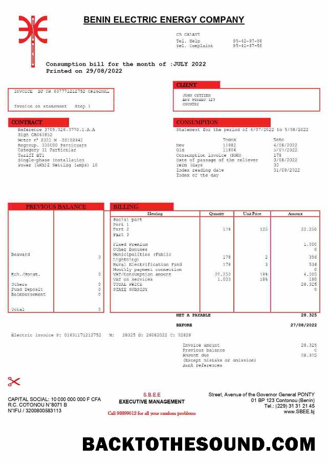 İndir Benin Electric Şirket Word and PDF Fatura Fatura Örnek şablon