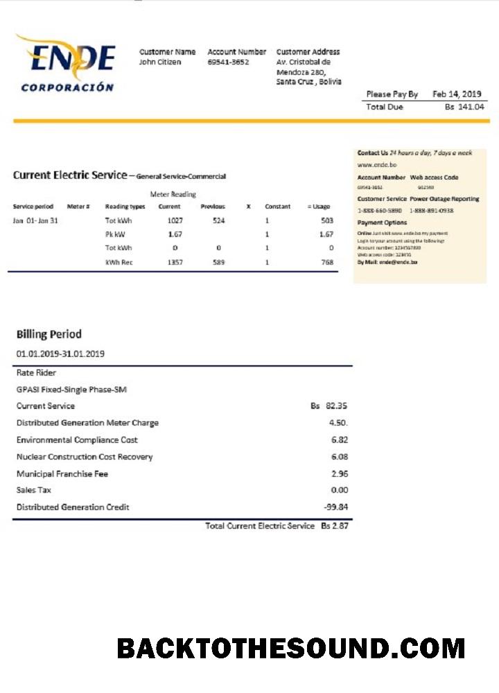 İndir Bolivya ENDE Corporacion Elektrik Fatura Fatura Örnek taslak