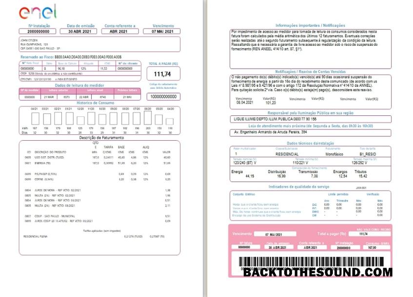 İndir Brezilya ENEL Elektrik Fatura Fatura (2 pages) Örnek ön izleme