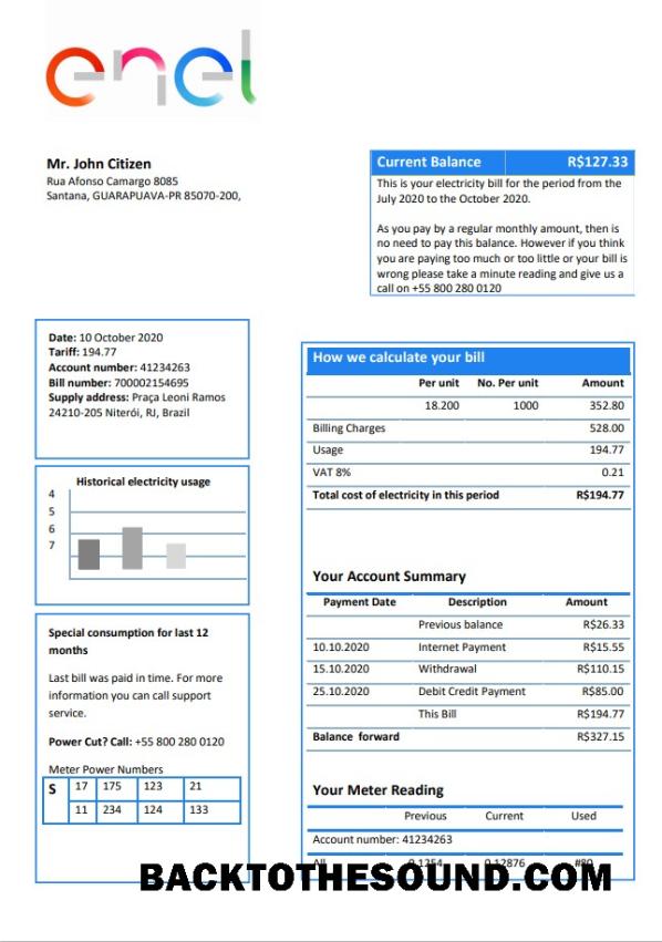 İndir Brezilya ENEL Elektrik Fatura Fatura in Word and PDF Format Örnek tasarım