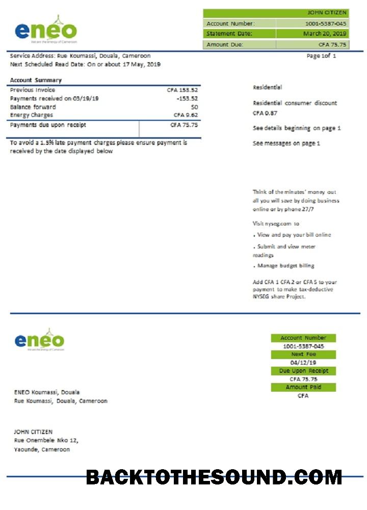 İndir Kamerun ENEO Elektrik Fatura Fatura Örnek tasarım