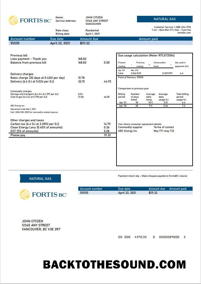 İndir Kanada British Columbia FortisBC Fatura Fatura in Word and PDF Format Örnek şablon