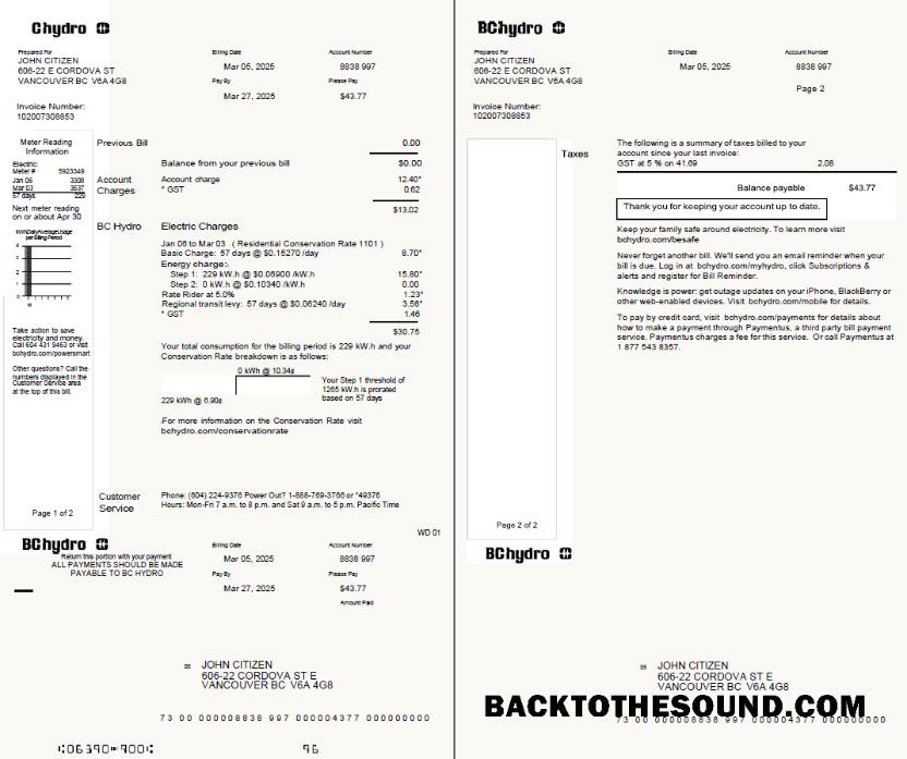İndir Kanada Chydro Fatura Fatura in Word and PDF formtas, 2 pages Örnek tasarım