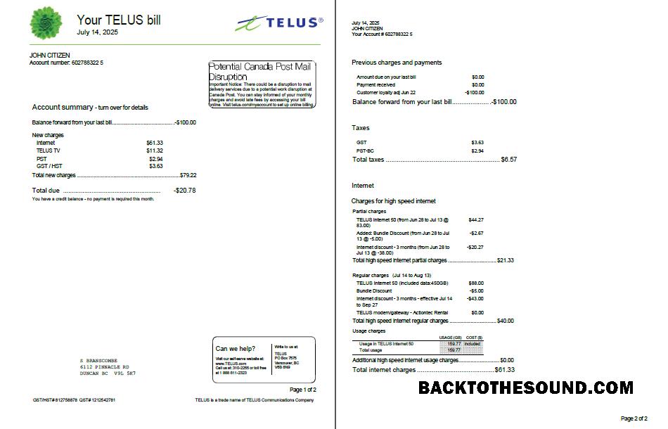 İndir Kanada Telus Fatura Fatura in Word and PDF Formatlar, 2 pages Örnek şablon