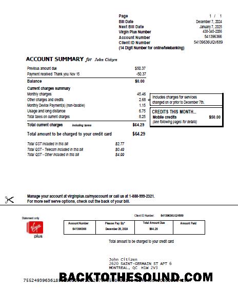 İndir Kanada Virgin Plus Fatura Fatura in Word and PDF Formatlar Örnek ön izleme